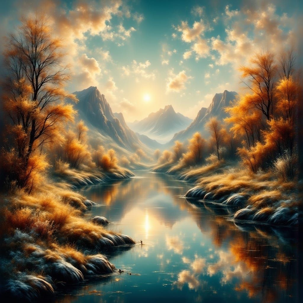 Colorful Desert Mountains in Romantic Riverscape Style