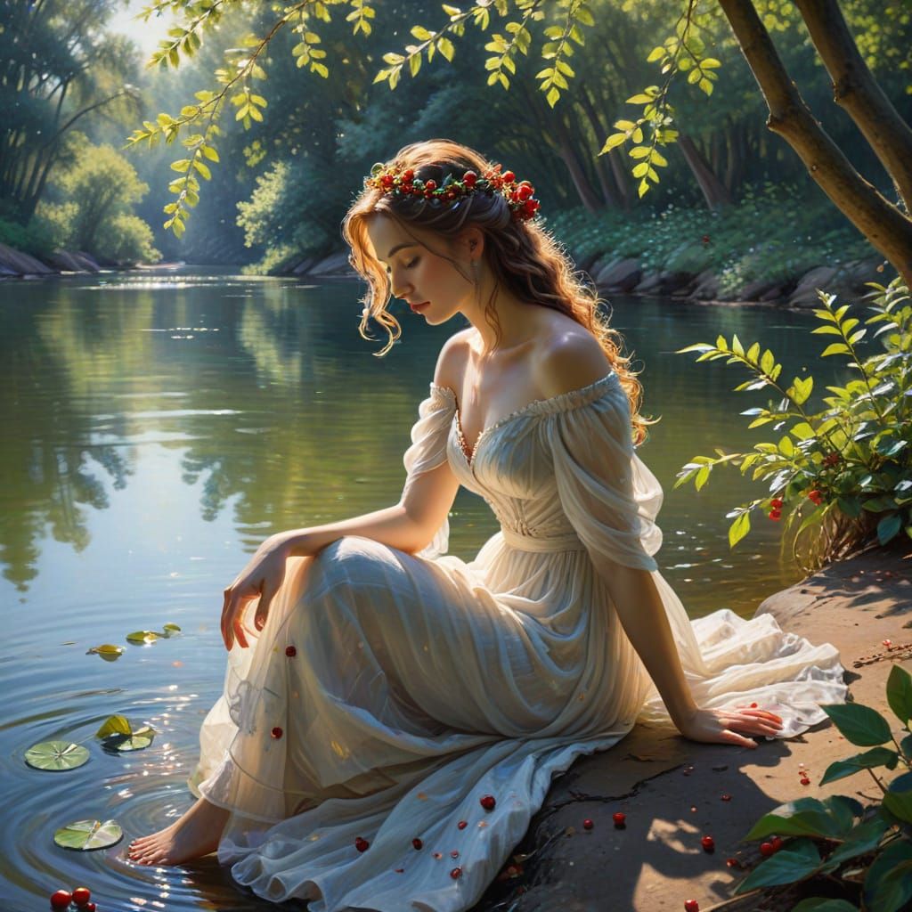 Impressionist Woman by Lake in Ethereal Sunlight