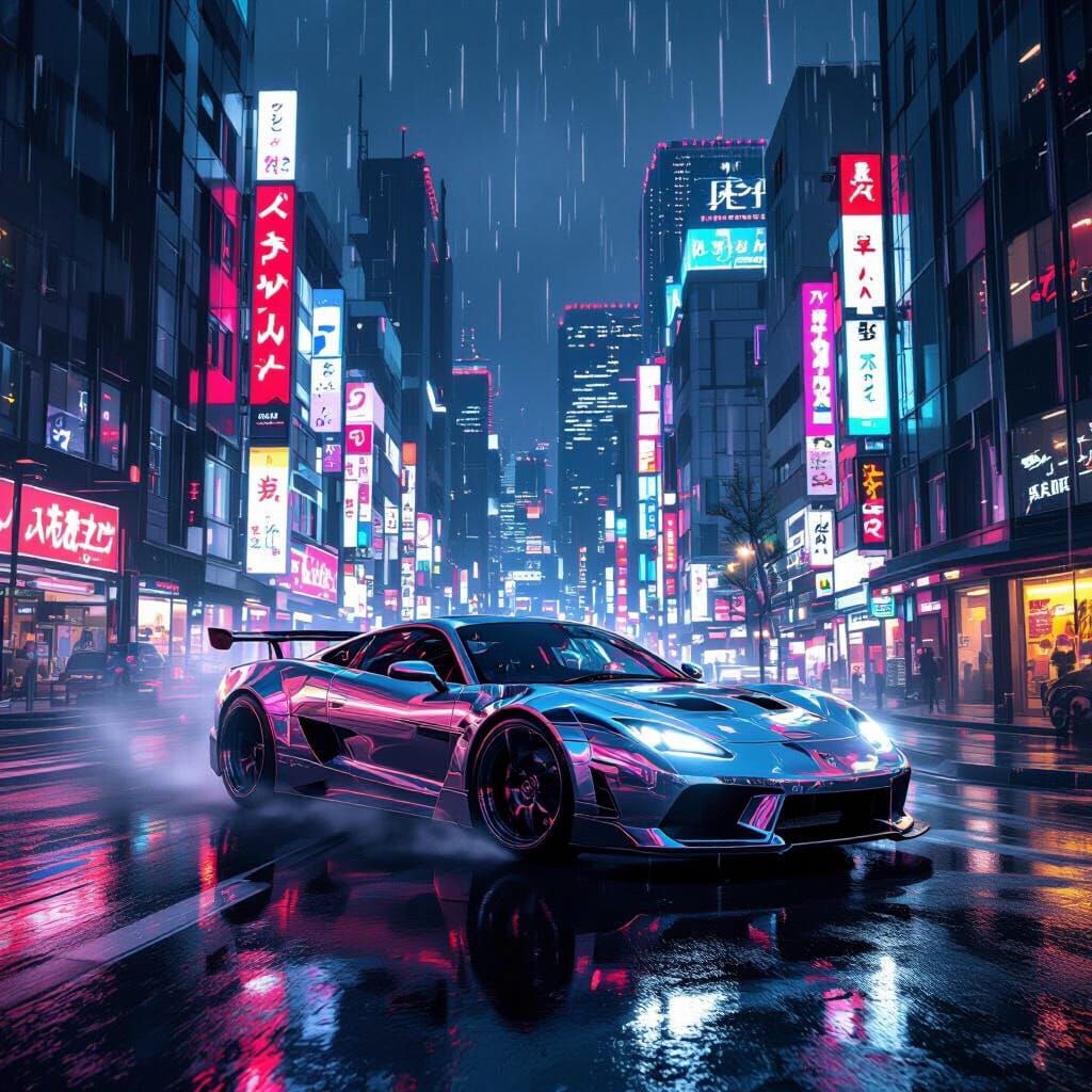 Cyberpunk Sports Car Drifting in Neon Tokyo Rain
