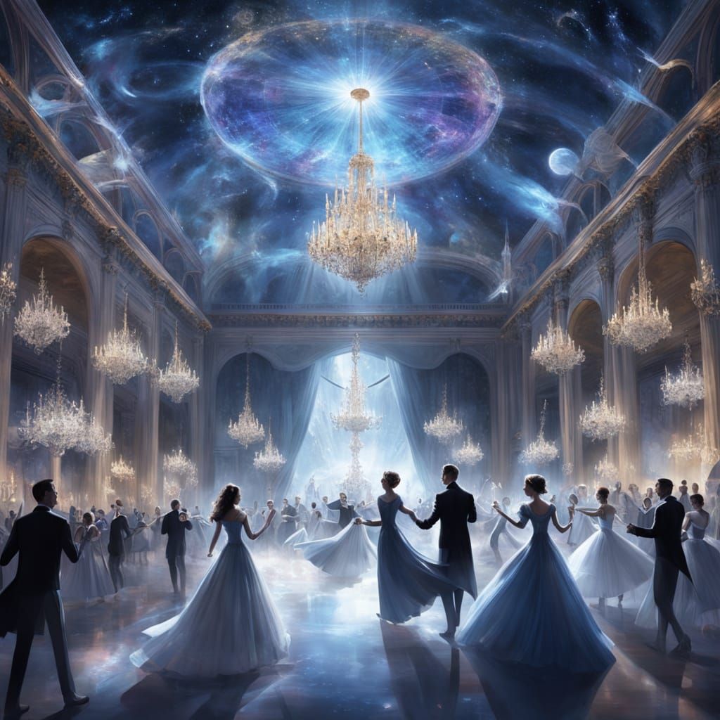 Haunted Ballroom with Spectral Figures and Phantom Musicians