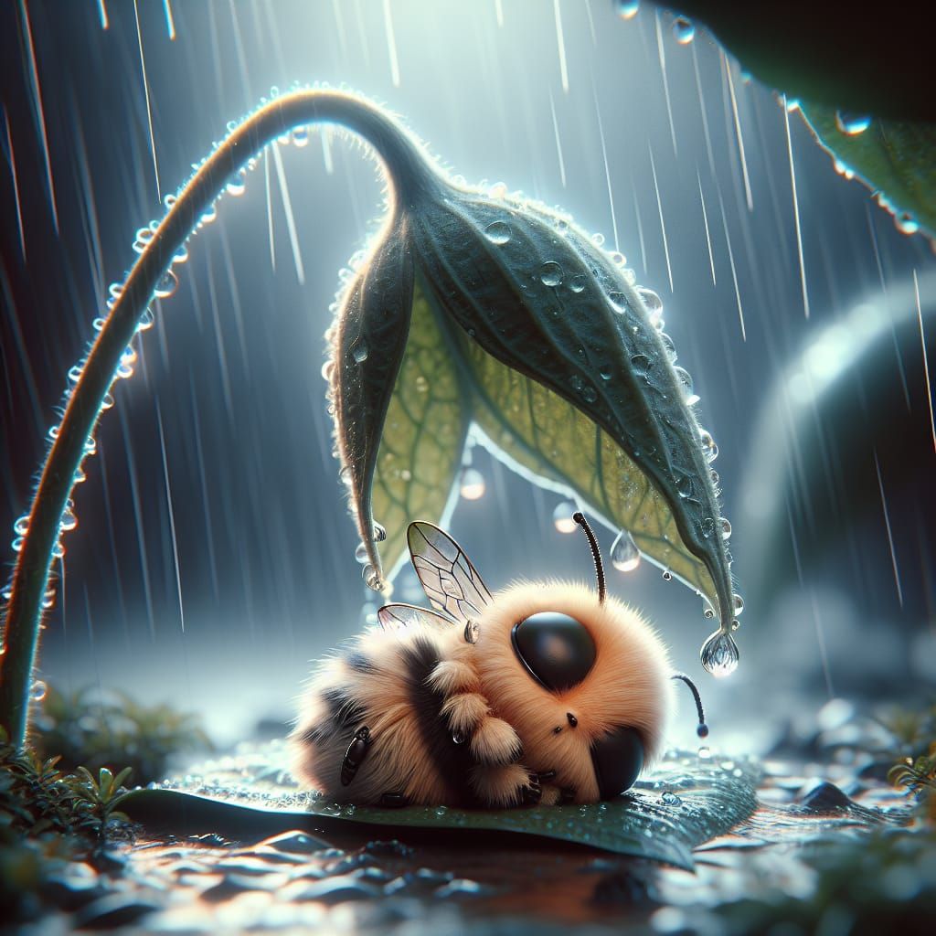 Cute Kawaii Bumblebee Napping in Rainstorm