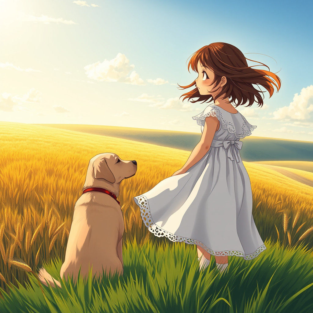 Girl and Yellow Lab on Hill, Anime Style