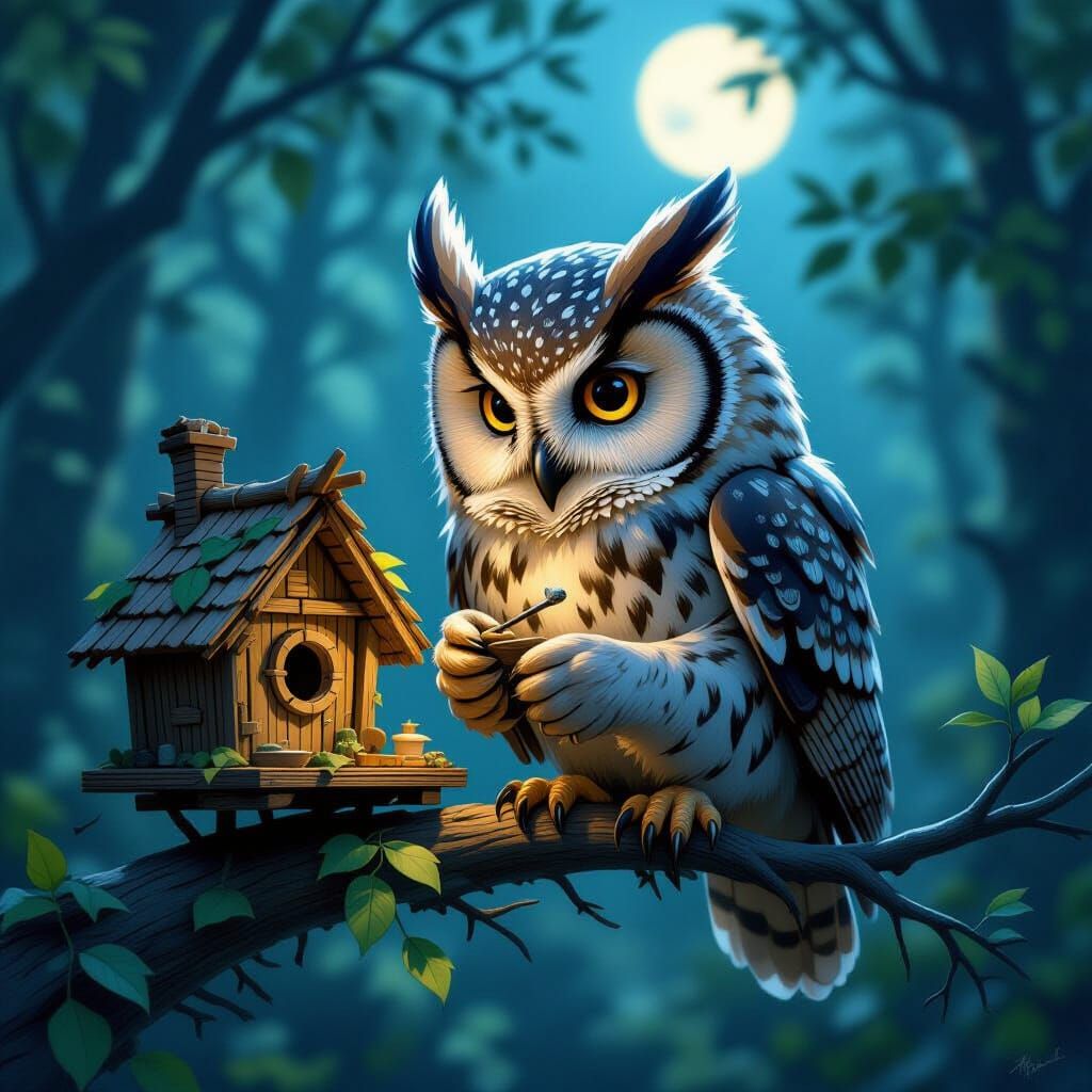 Wise Owl Crafts Miniature Birdhouses in Moonlit Forest