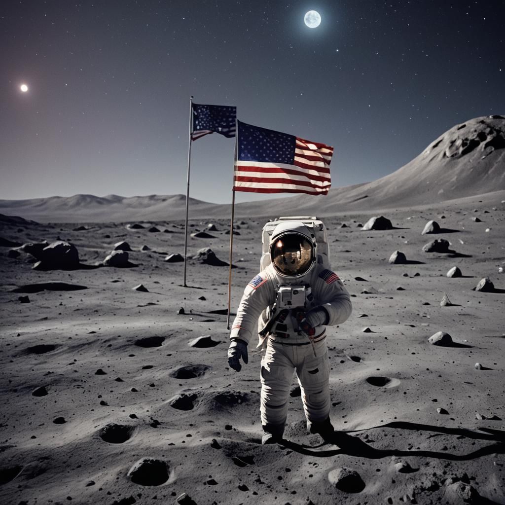 Astronaut Plants Flag on Moon with Starry Sky