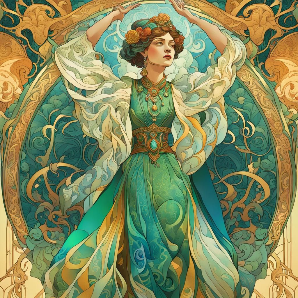 Art Nouveau Goddess Portrait in Electric Blues