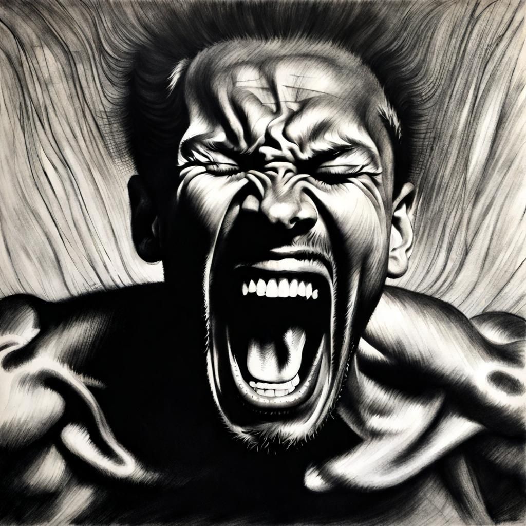Detailed Charcoal Drawing of a Screaming Man