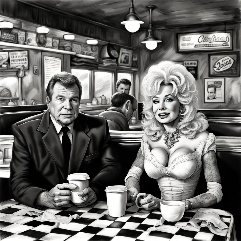 Celebrities at a 50s Diner: Photorealistic Charcoal Drawing