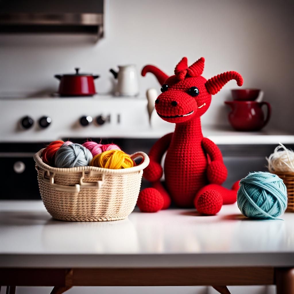 Cute Amigurumi Dragon Guards Yarn: Mapplethorpe-Style Portra...