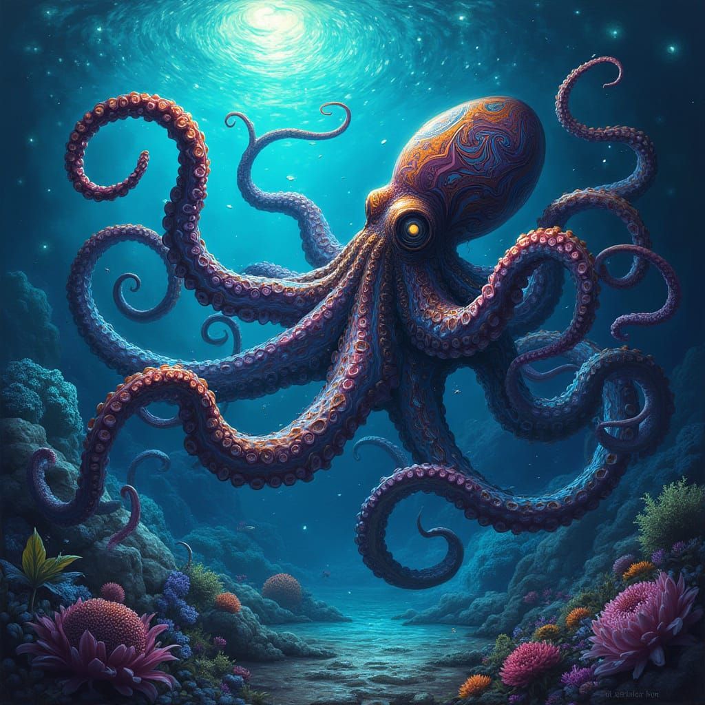 Majestic Octopus in Bioluminescent Ocean