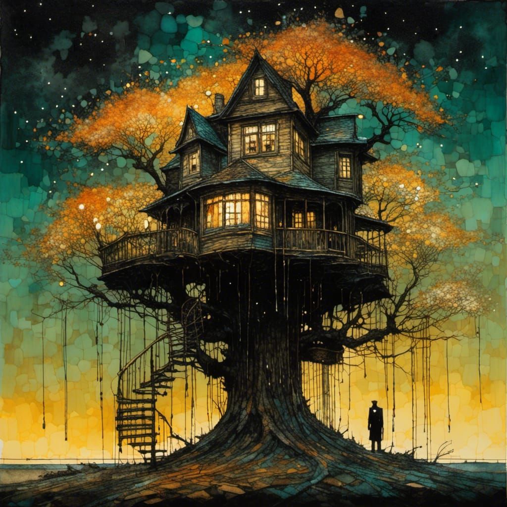 Ethereal Treehouse in Spotlight, Surreal Alcohol Ink Art