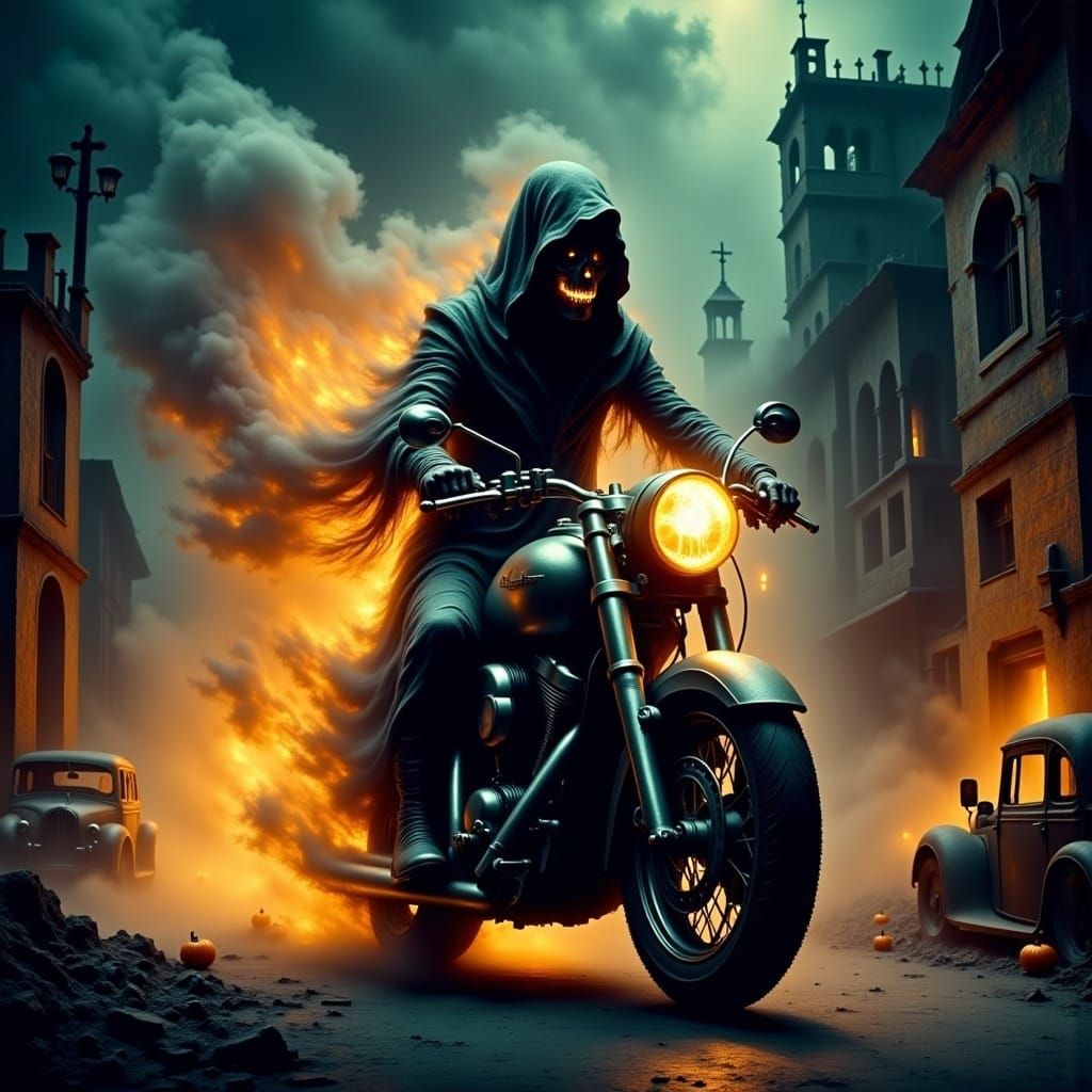 Motorcycle Rider in Ghostly Post-Apocalyptic Cityscape