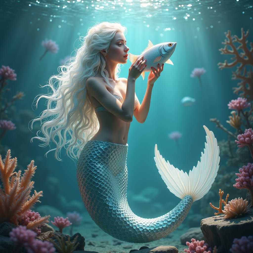 White Mermaid Devouring Fish in Iridescent Ocean