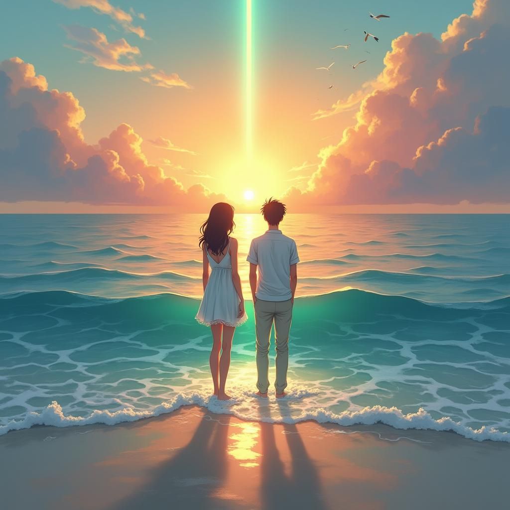 Green Ray Seaside Sunset in Impressionist Style