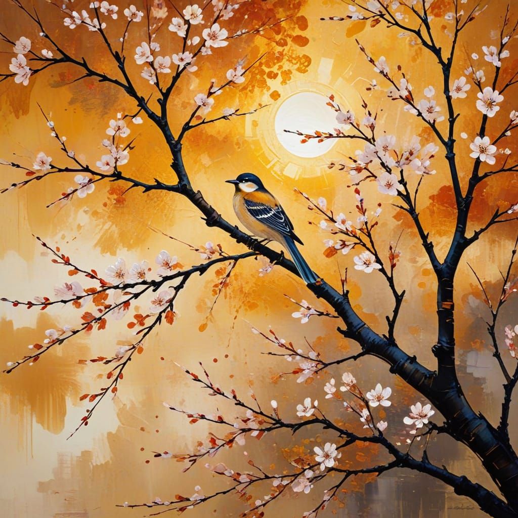Abstract Blossom Tree with Bird at Sunset
