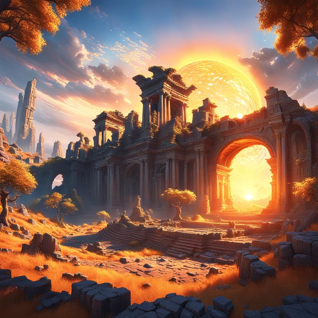 Colossal Sun Rising Over Ancient Ruins, Fantasy Concept Art