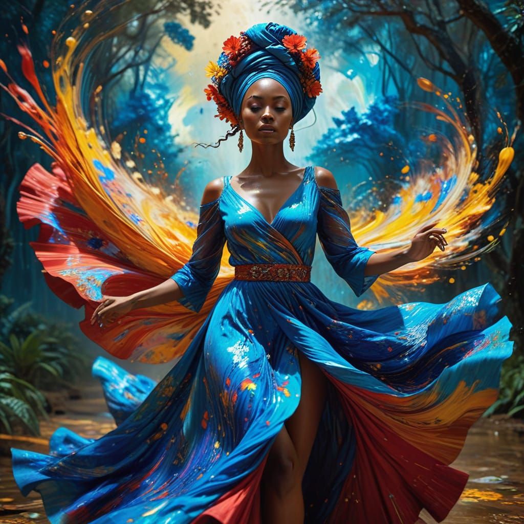 Stunning Woman Strides Through Vibrant Vortex in Expressive...