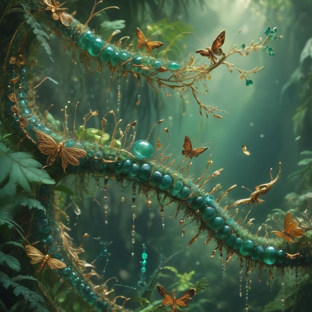 Gemstone Insects in Bioluminescent Emerald Rainforest