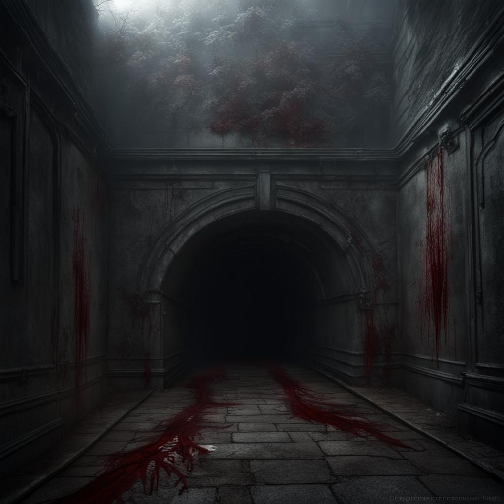Eerie Tunnel with Warning Signs and Bloodstains