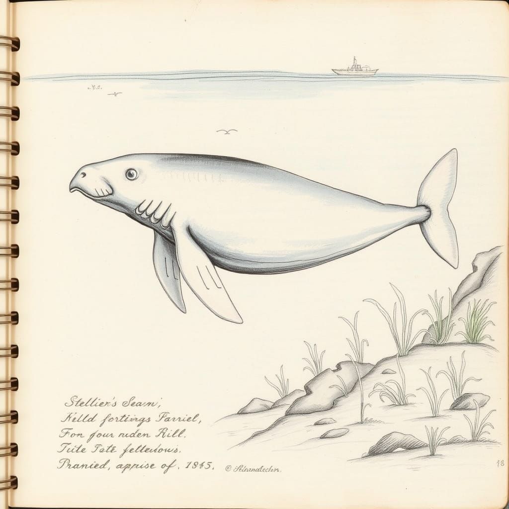 Steller's Sea Cow: 18th-Century Naturalist Watercolor Sketch