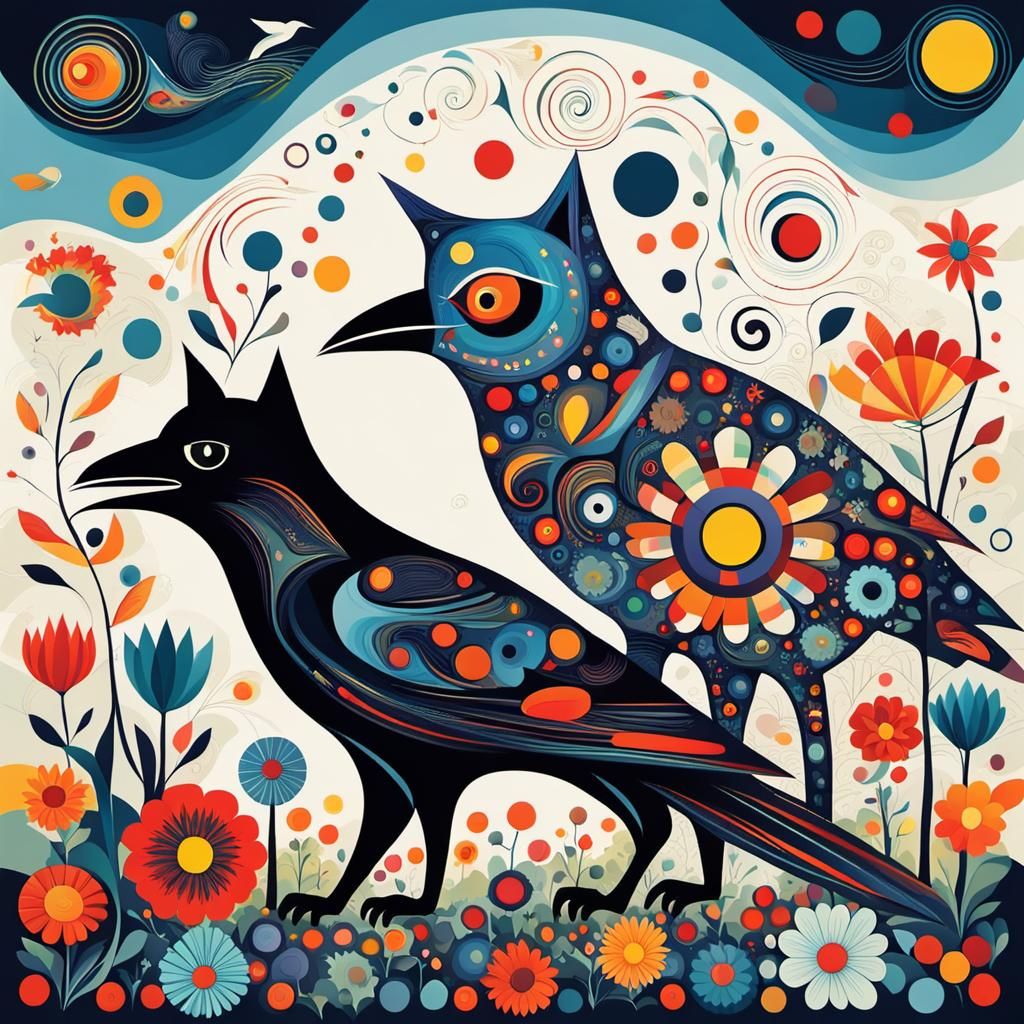 Kandinsky Style Crow and Cat in Garden