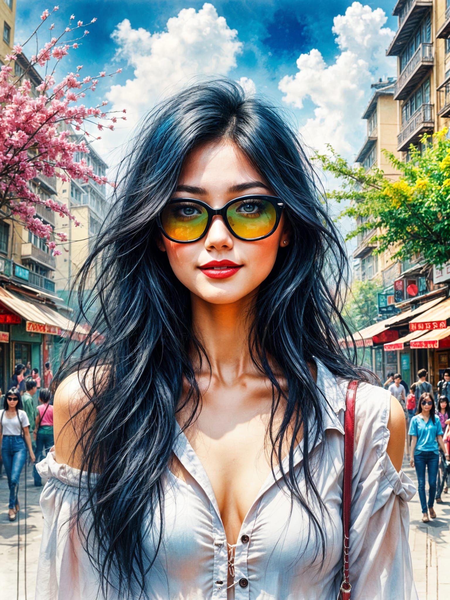 Elegant Asian Woman Strolls Through Hong Kong Streets in Spr...