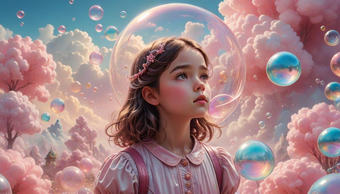 Whimsical Surrealist Wonderland with Giant Pink Bubblegum Bu...
