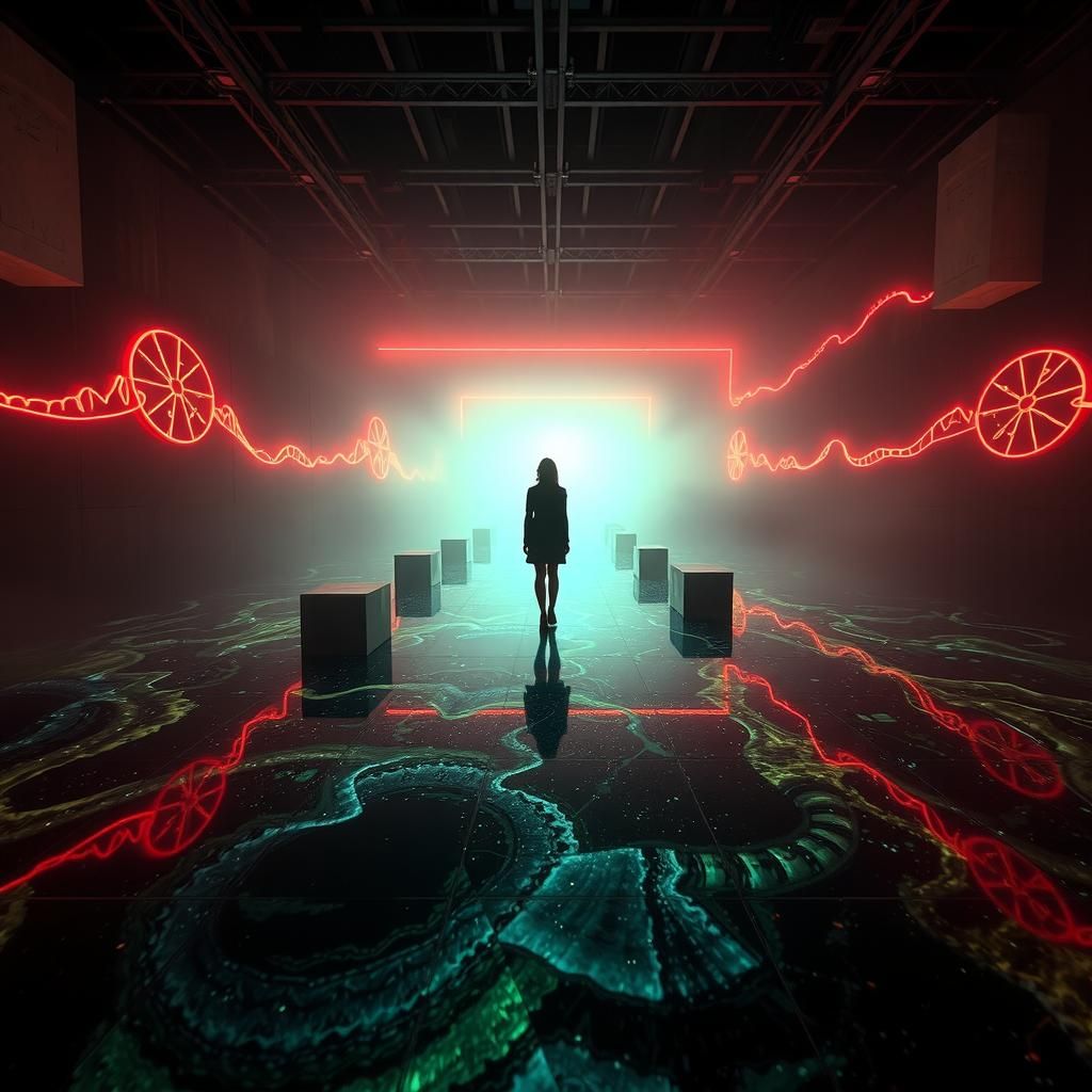Woman in Surreal Installation with Glowing Neon Steam