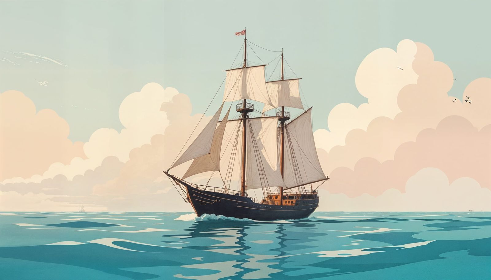 Minimalist Sailing Ship on Pastel Cloud Sea