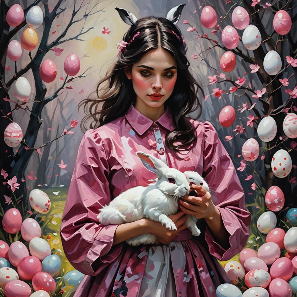 Impressionist Girl with Rabbit in Mail Art Style