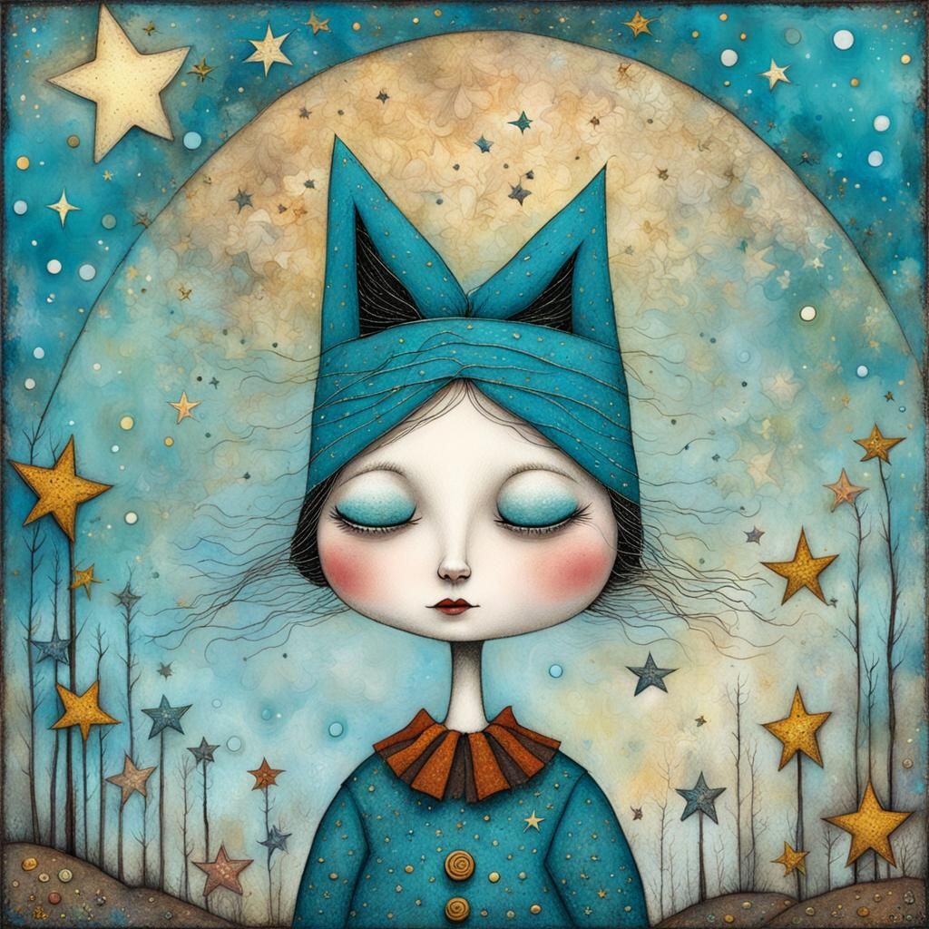 Bobblehead Girl with Luminescent Eyes, Vintage Fairytale Art