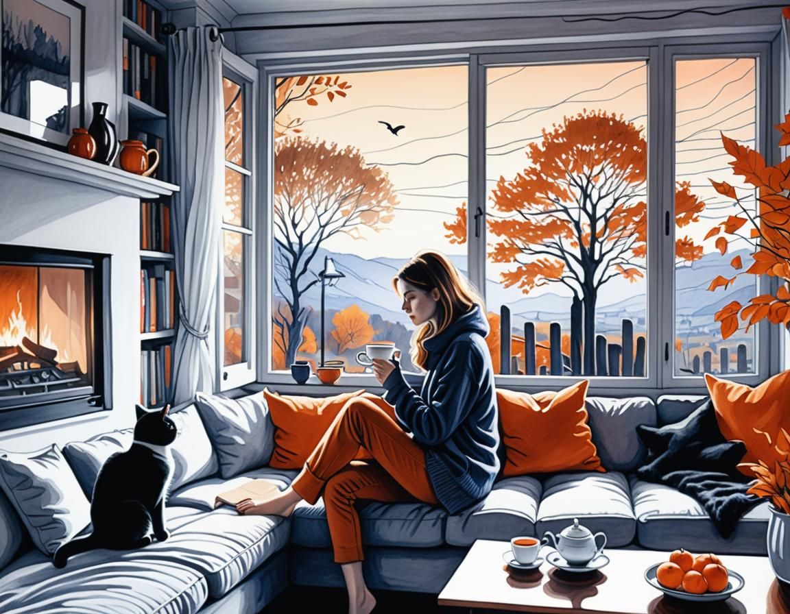 Cozy Autumn Evening: Woman with Cat, Pen Drawing
