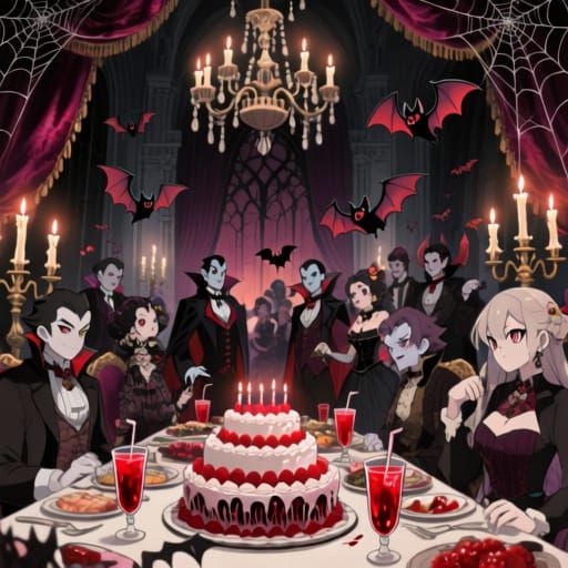 Dracula's Lavish Birthday Party in Detailed Anime Style