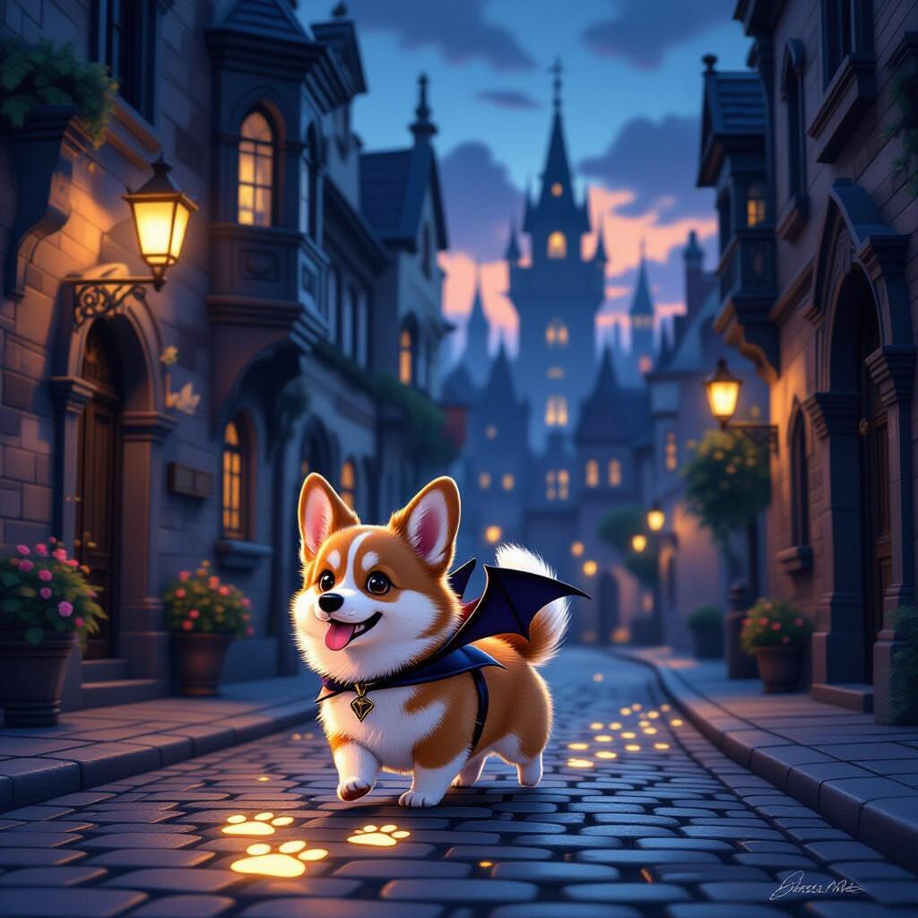 Gothic Cityscape with Bat-Wing Corgi at Dusk