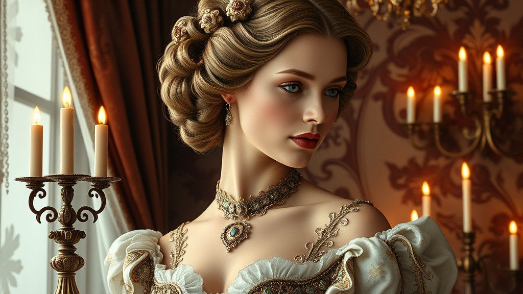 Elegant Aristocratic Courtesan in Rococo Burlesque Setting