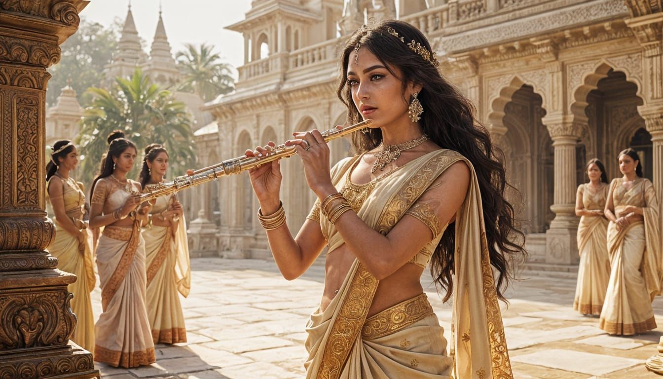 Irish Goddess Plays Flute in Ornate Palace with Roman Goddes...