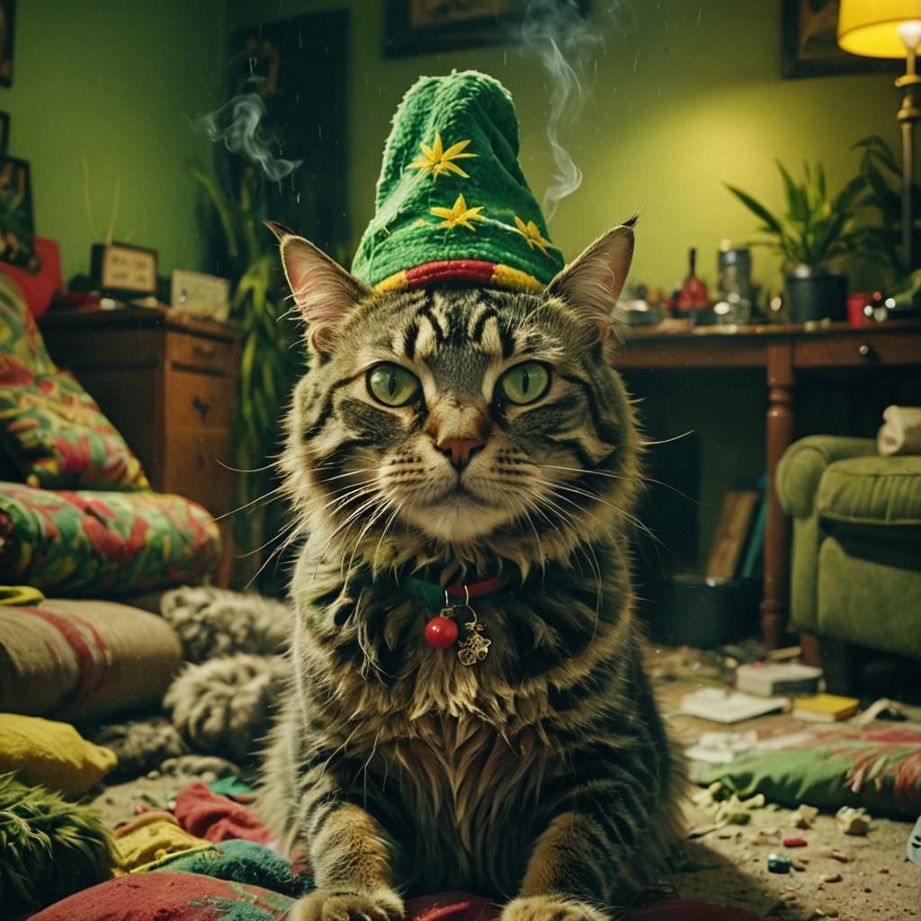 Stoned Rasta Cat Smoking Cannabis in Film Noir Style