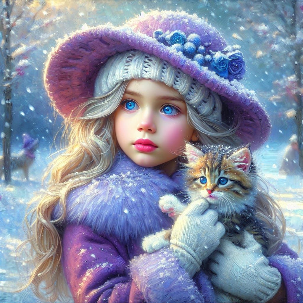 Girl with Kitten in Winter, Impressionistic Style