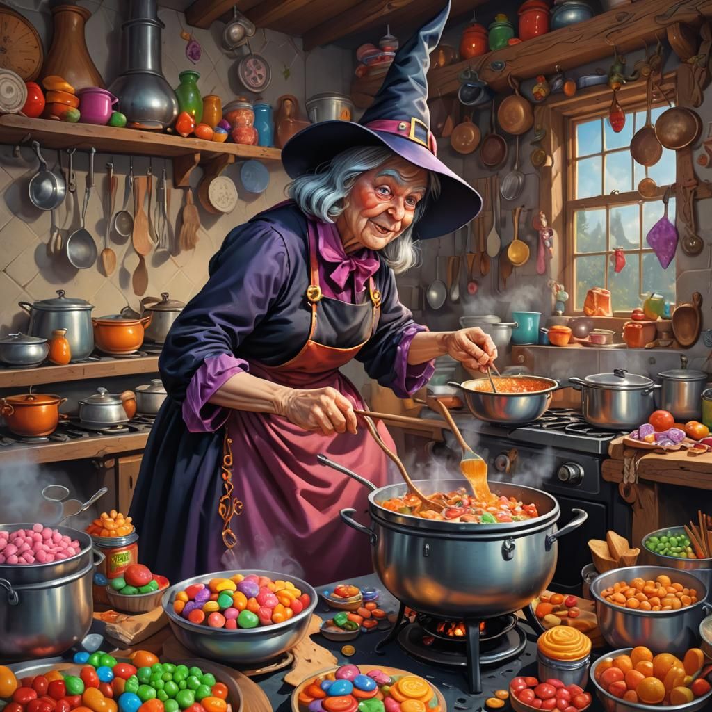 Whimsical Witch Cooking: Candy Art Illustration