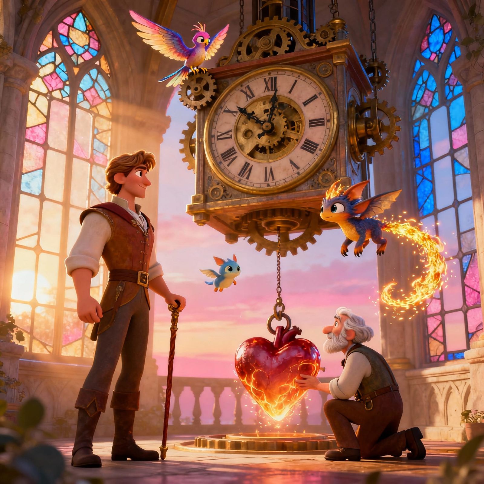 Magical Clock Tower Awakens at Sunrise in Pixar Style