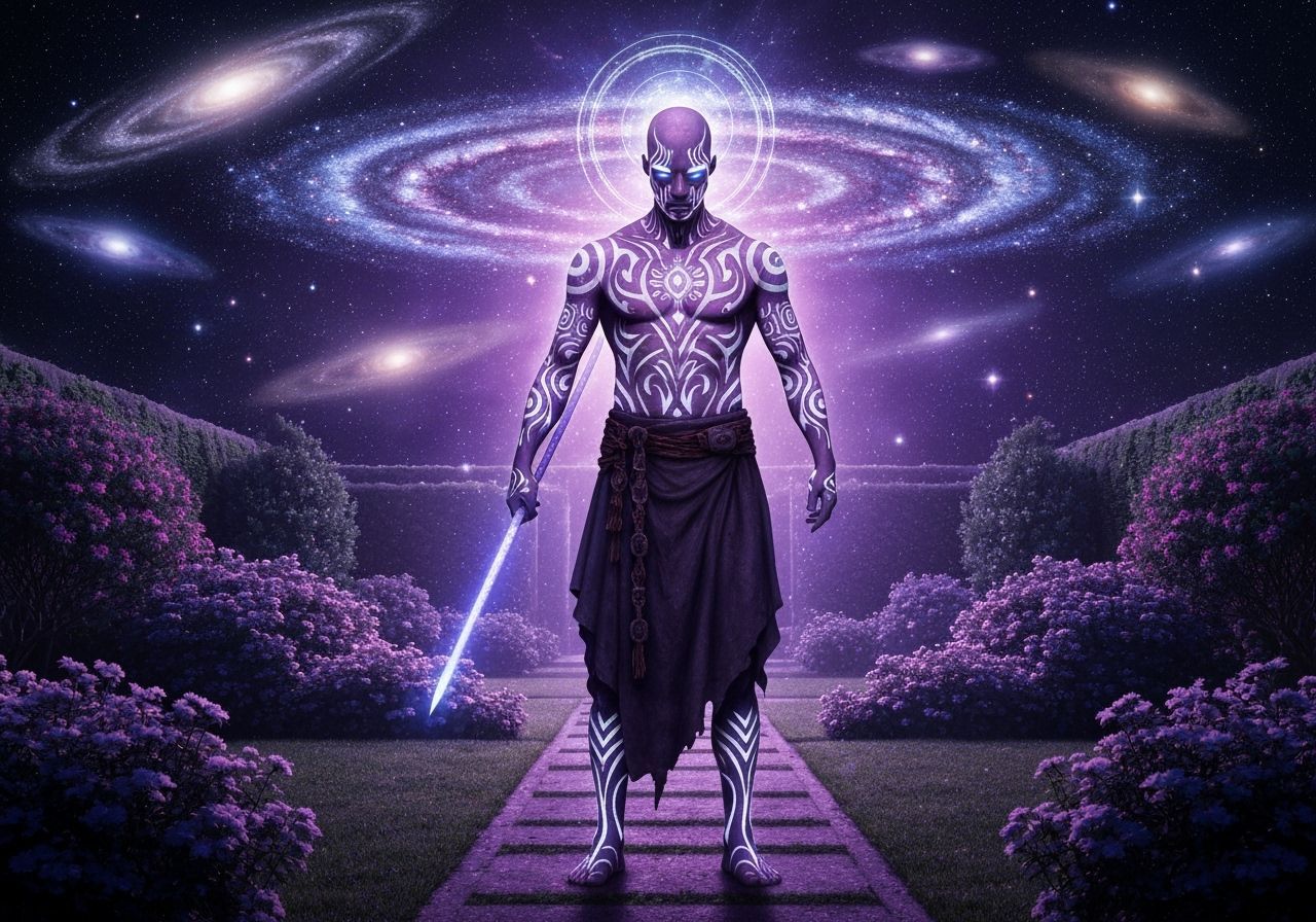 Mystical Warrior in Serene Cosmic Garden