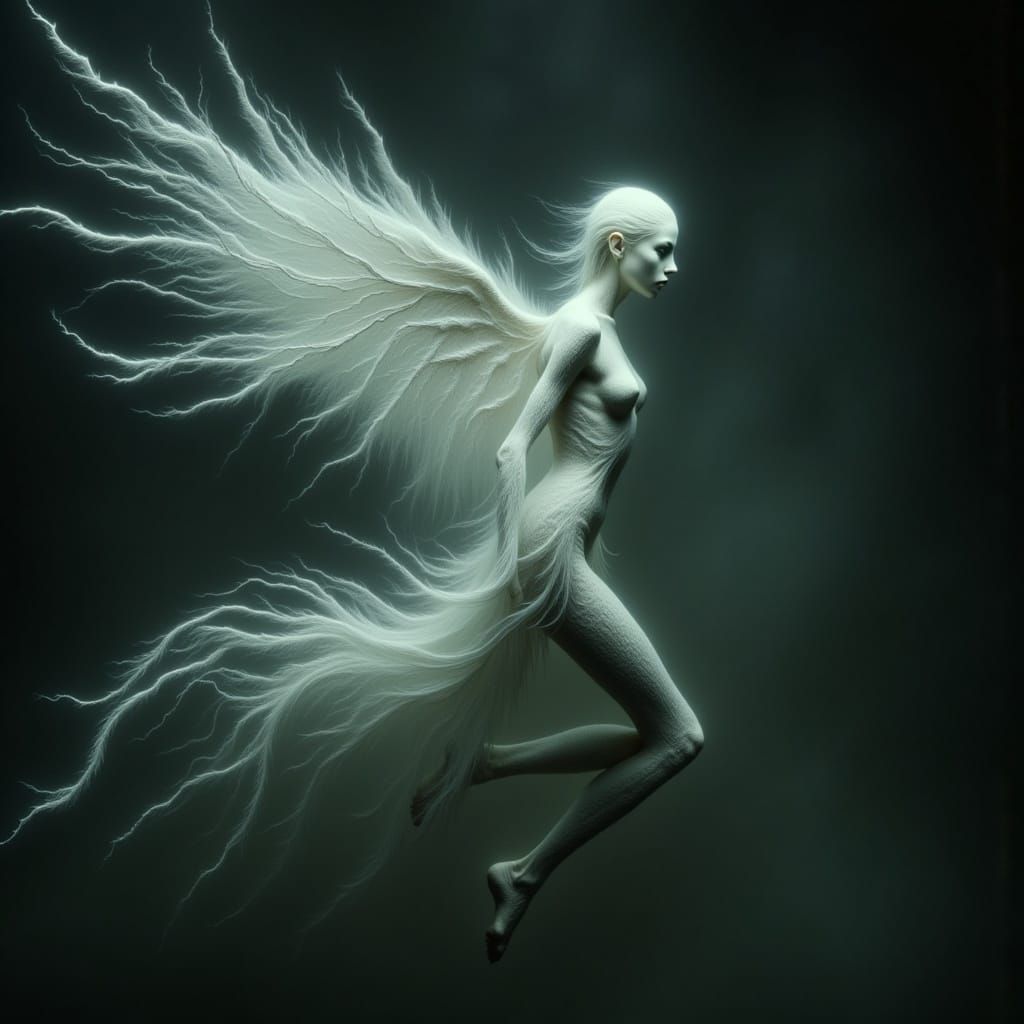 Ethereal Woman with Wings in Mystical Dreamscape