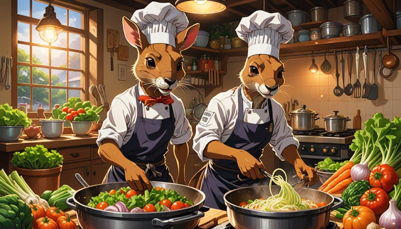 Vibrant Anime-Style Kitchen Scene with Kangaroo Chef