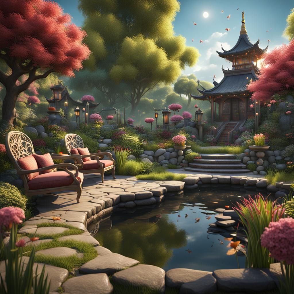 Tranquil Asian Backyard with Koi Pond: Fantasy Art
