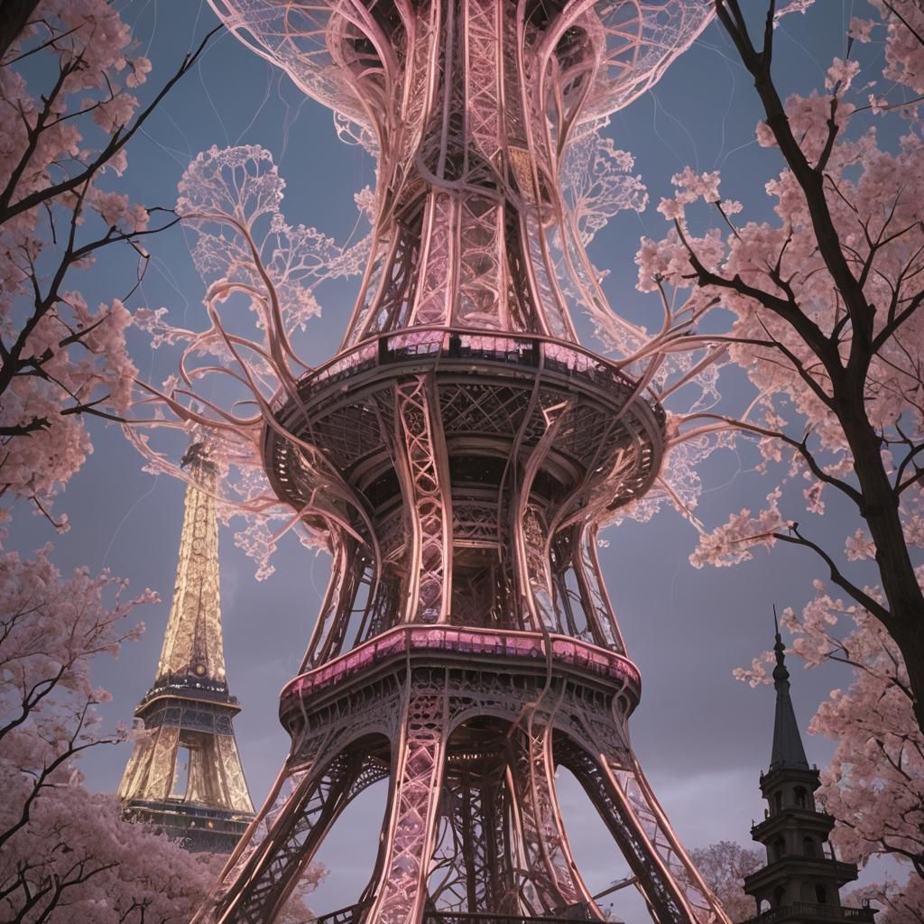 Eiffel Tower Enveloped by Alien Structure in Cyberpunk Paris