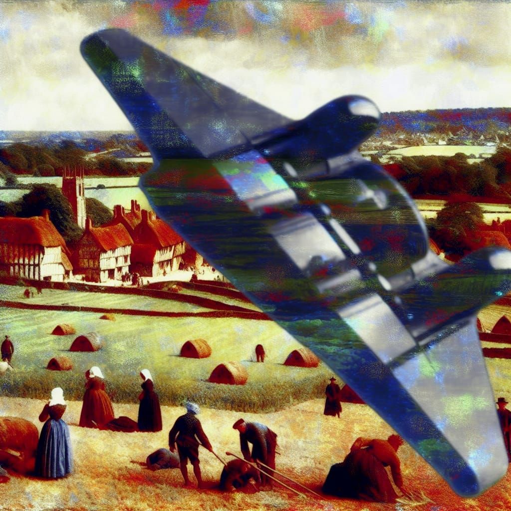 Futuristic Craft Over Medieval Village in Romanticism Style