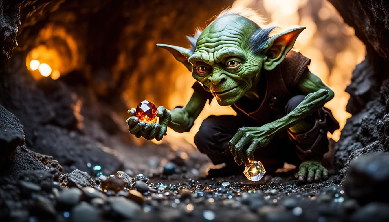Goblin Discovering Glittering Gem in a Mine