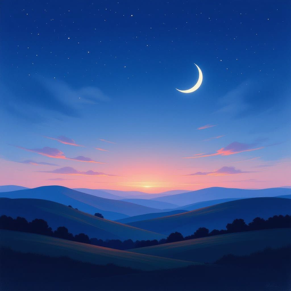 Twilight Landscape: Moonlit Hills in Romantic Nocturne Style