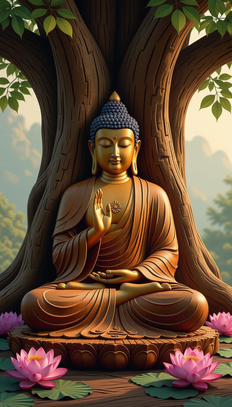 Buddha Meditating: Intricate Wood Carving with Lotus Flowers