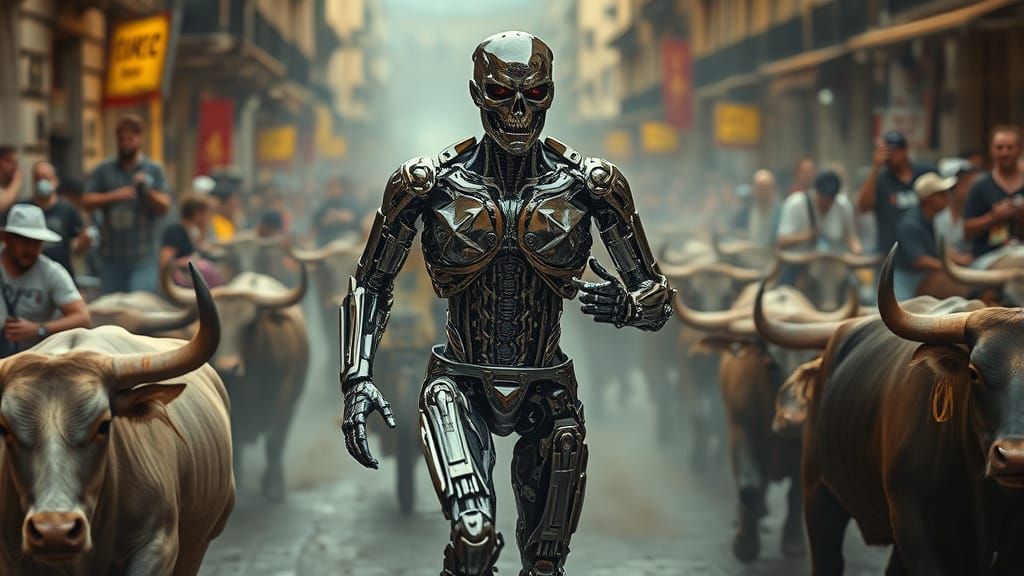 Cybernetic Terminator Runs with Bulls in Pamplona