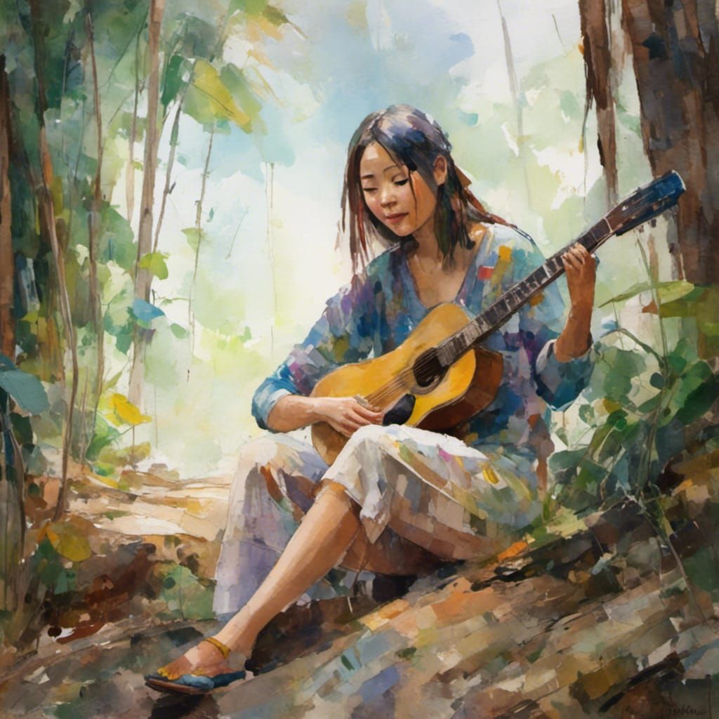 <lora:Adobe paint style:1.0> <lora:Pencillation:1.0> girl playing guitar
